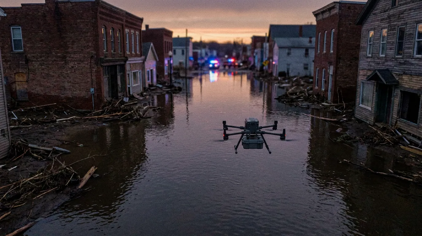 Rendering: a supply drone over the flooded main street of a small town after a hurricane.