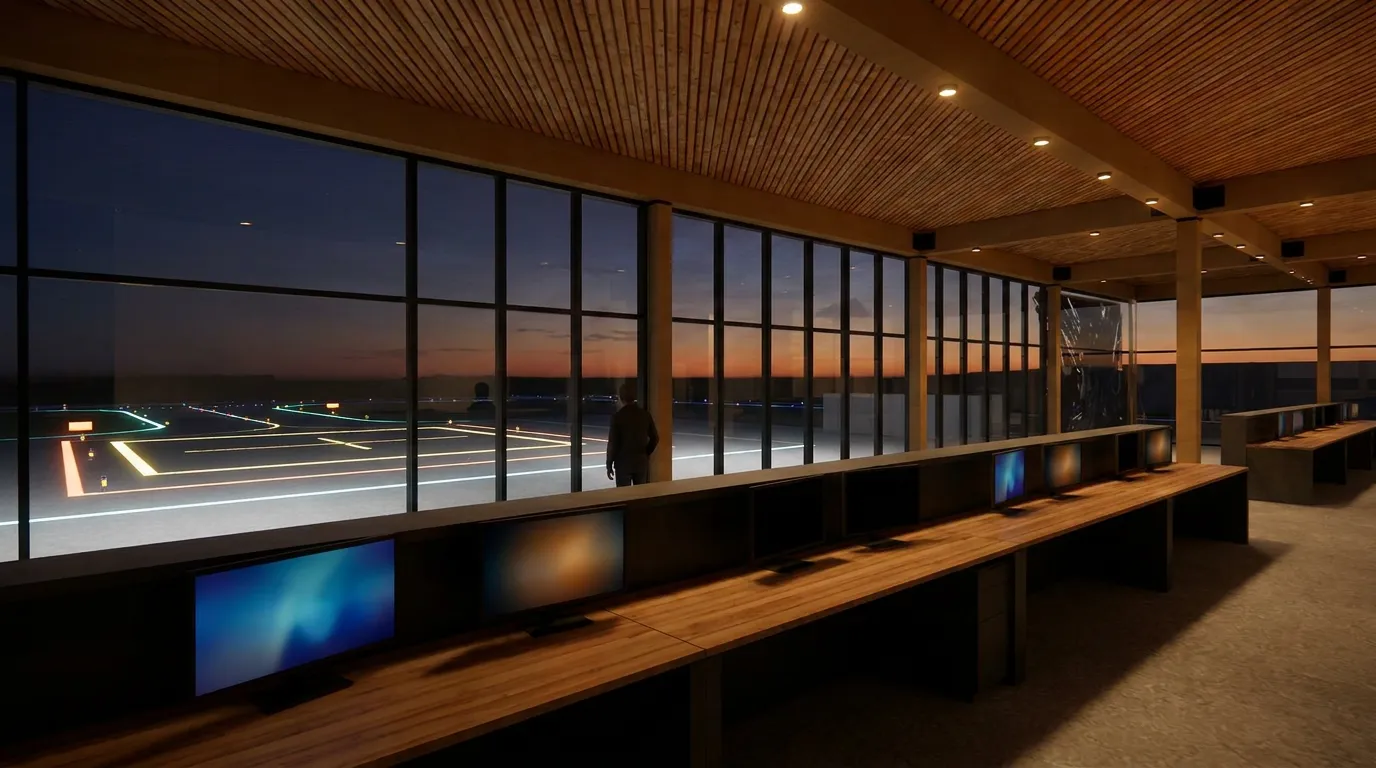 Architectural rendering: a vertiport operations room concept, consoles overlooking the lit landing pad at dusk