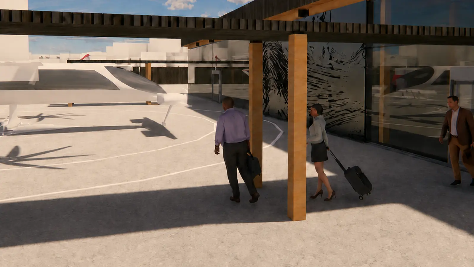 Architectural rendering: a covered landing apron with an eVTOL on the pad and travelers walking to the terminal.