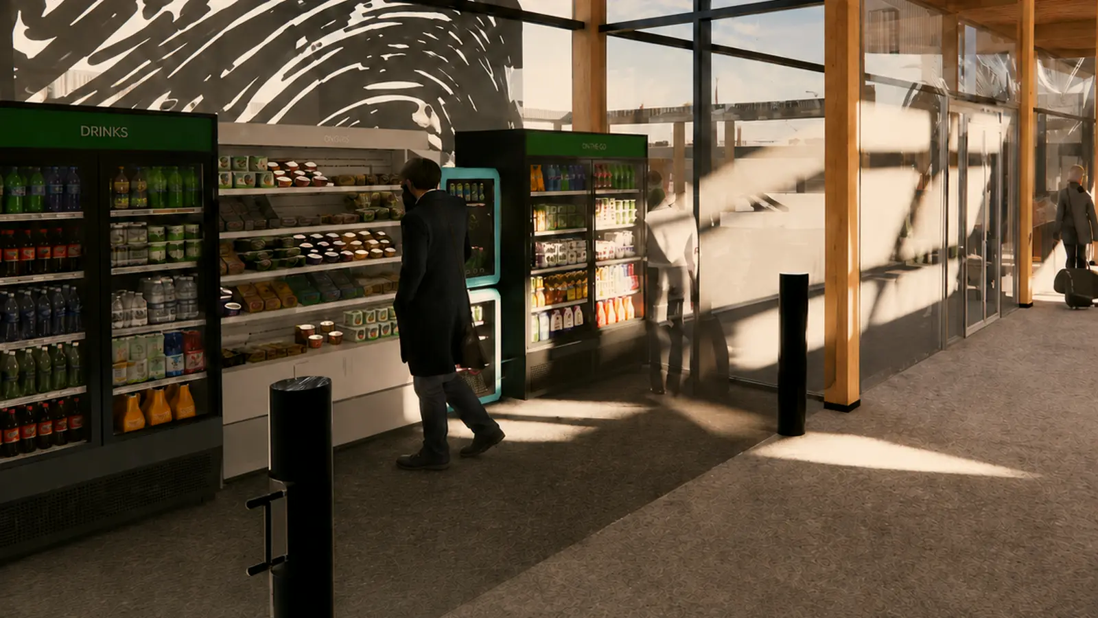 Architectural rendering: a grab-and-go retail corner inside the vertiport, fridges and shelving along a glazed corridor.