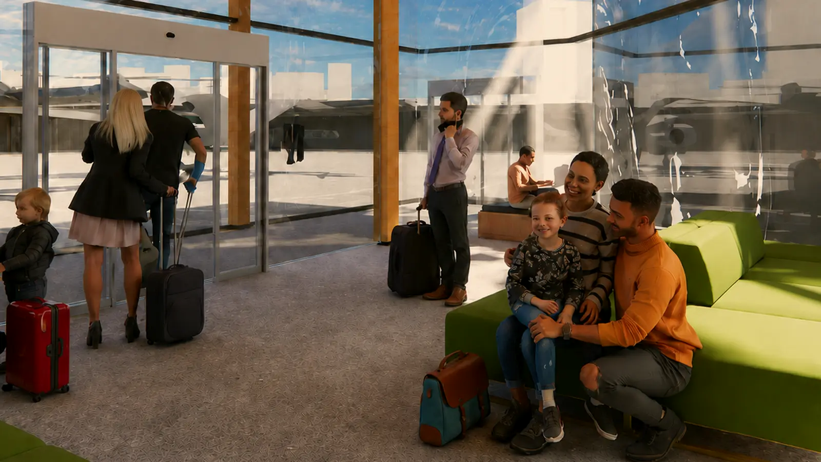 Architectural rendering: families with luggage in the boarding vestibule between the terminal and the apron.