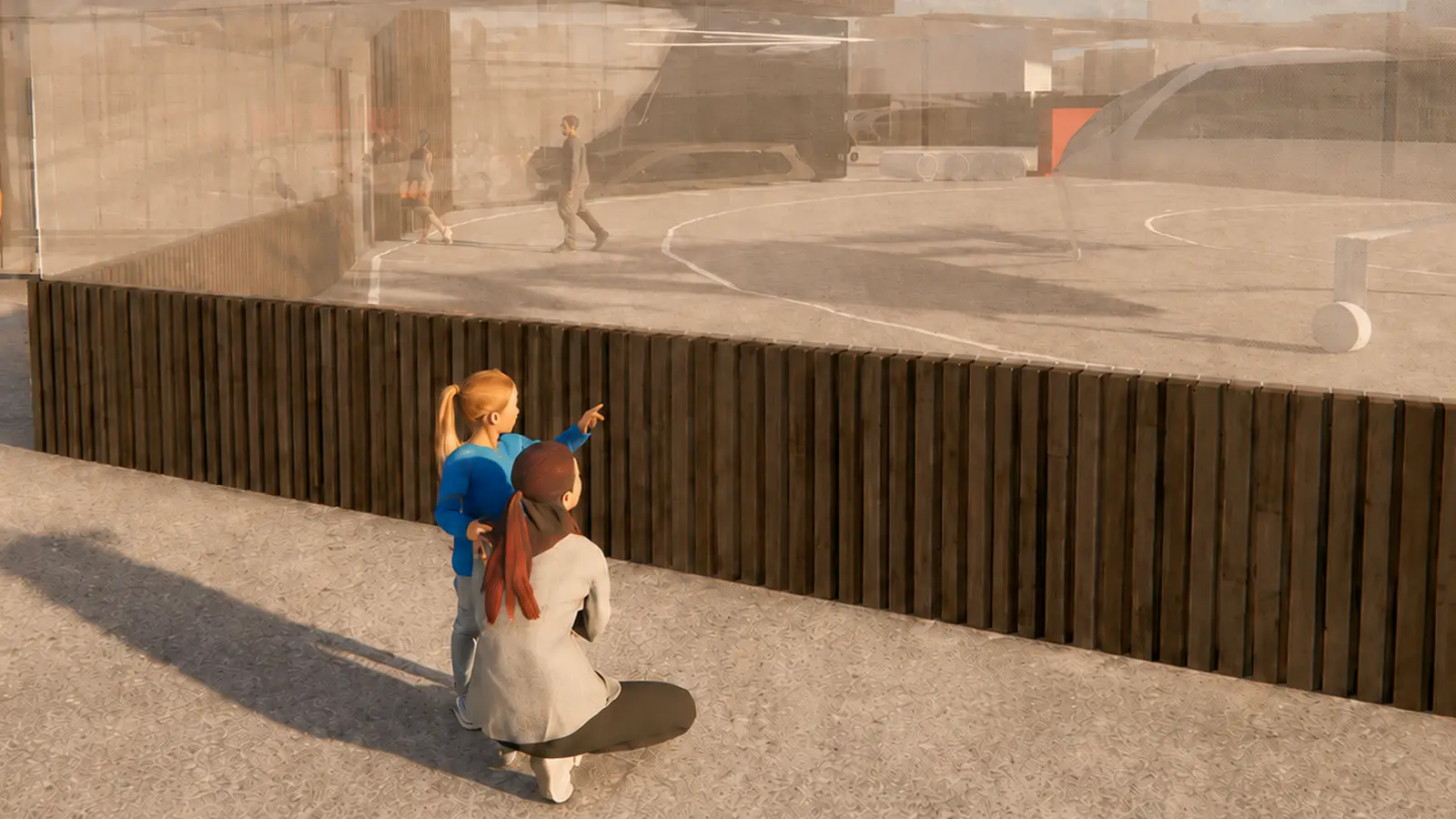 Architectural rendering: a parent and child watching the apron through the perimeter fence at street level.