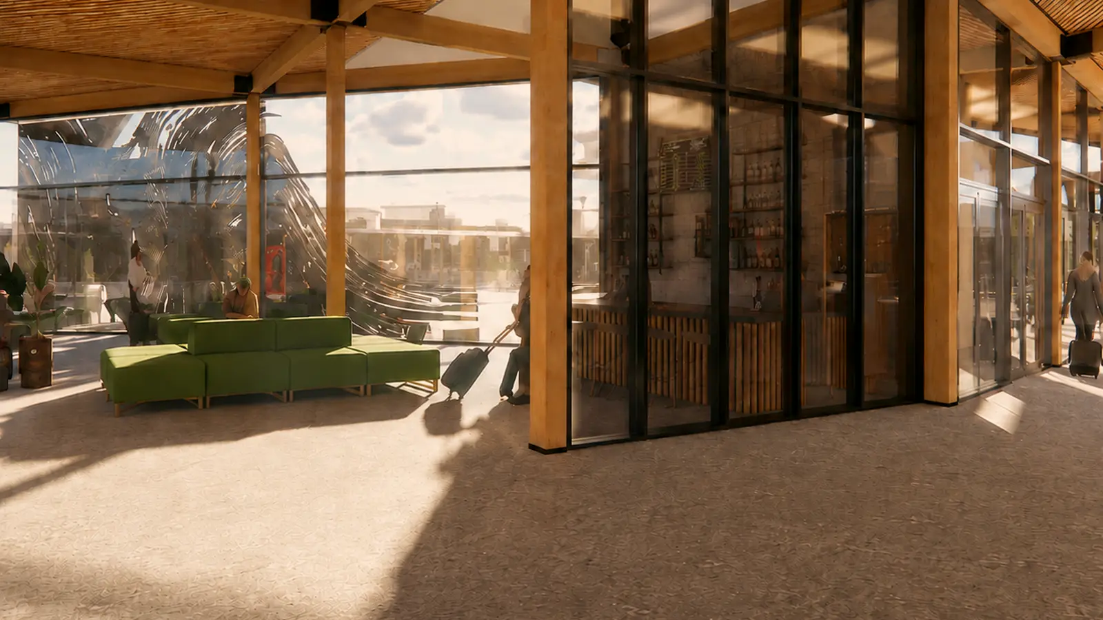 Architectural rendering: the vertiport waiting lounge and bar under a timber roof in low sun.