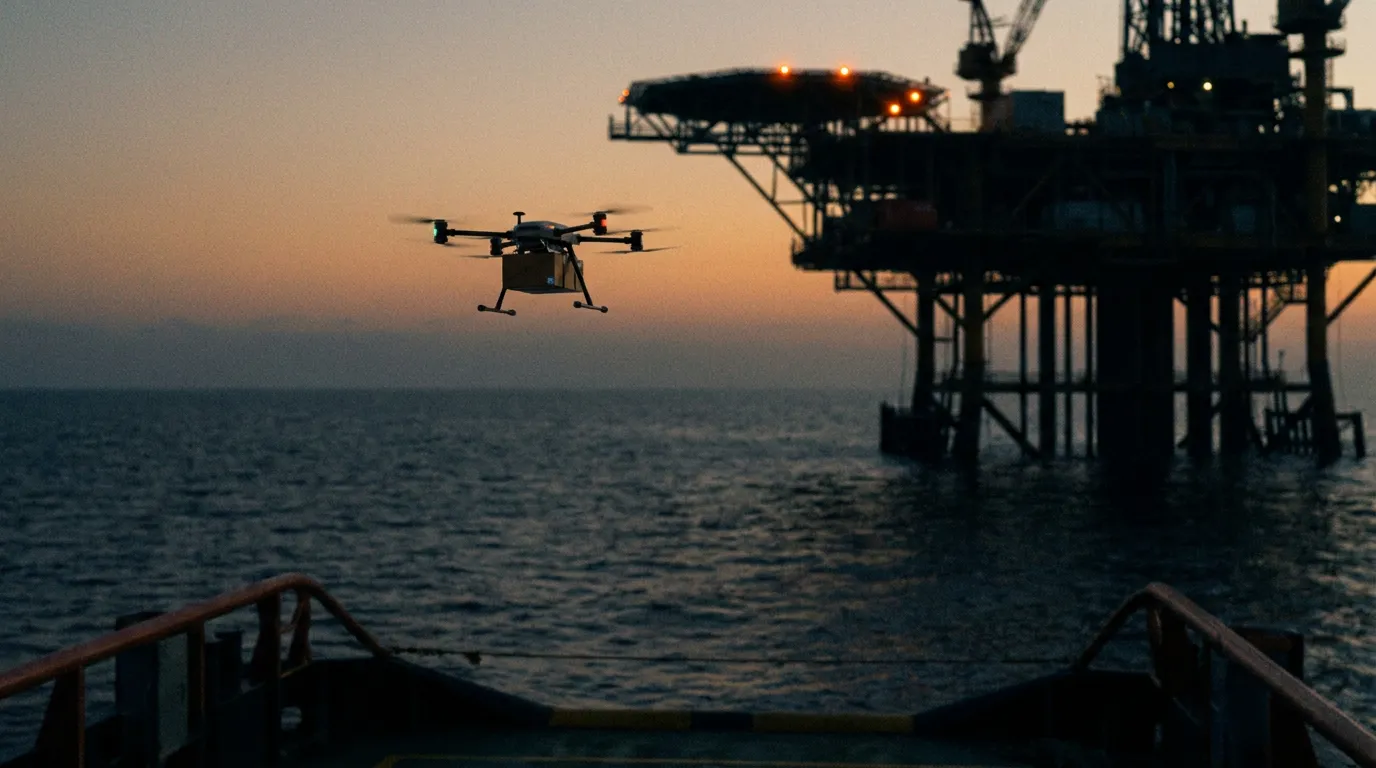 Rendering: a cargo drone carrying a supply case toward an offshore platform at dusk.