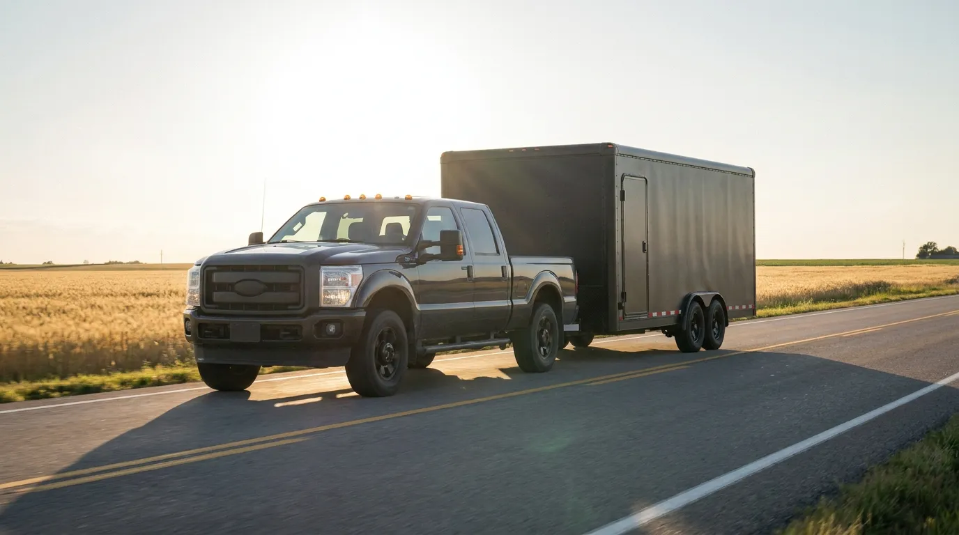 The AC-16 under tow behind a heavy-duty pickup on a rural highway at golden hour
