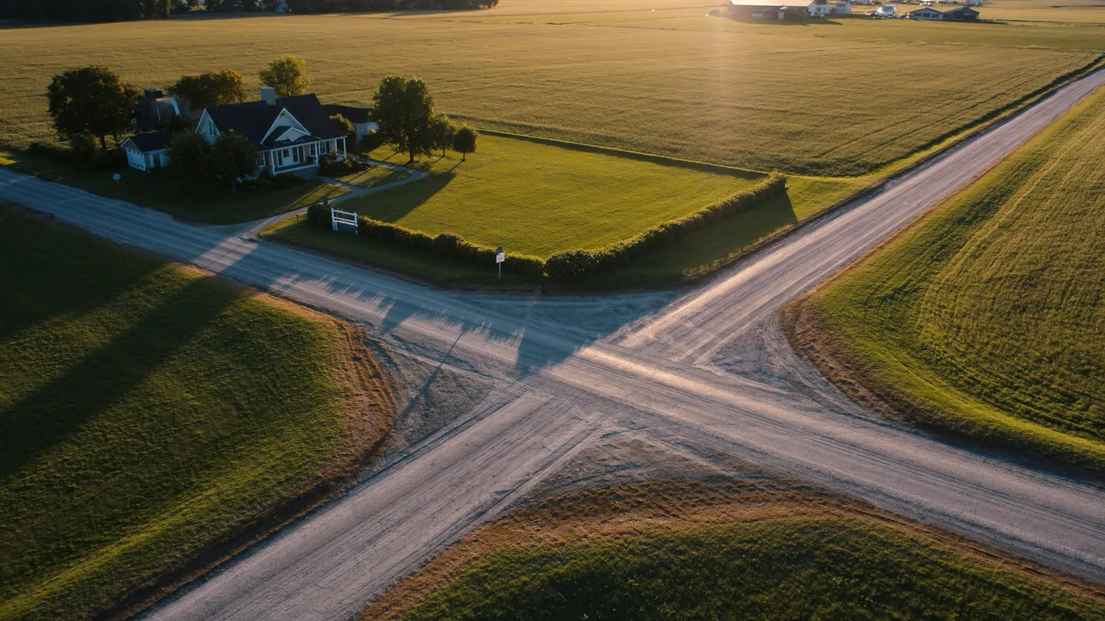 A rural crossroads and farmstead seen from above at golden hour.