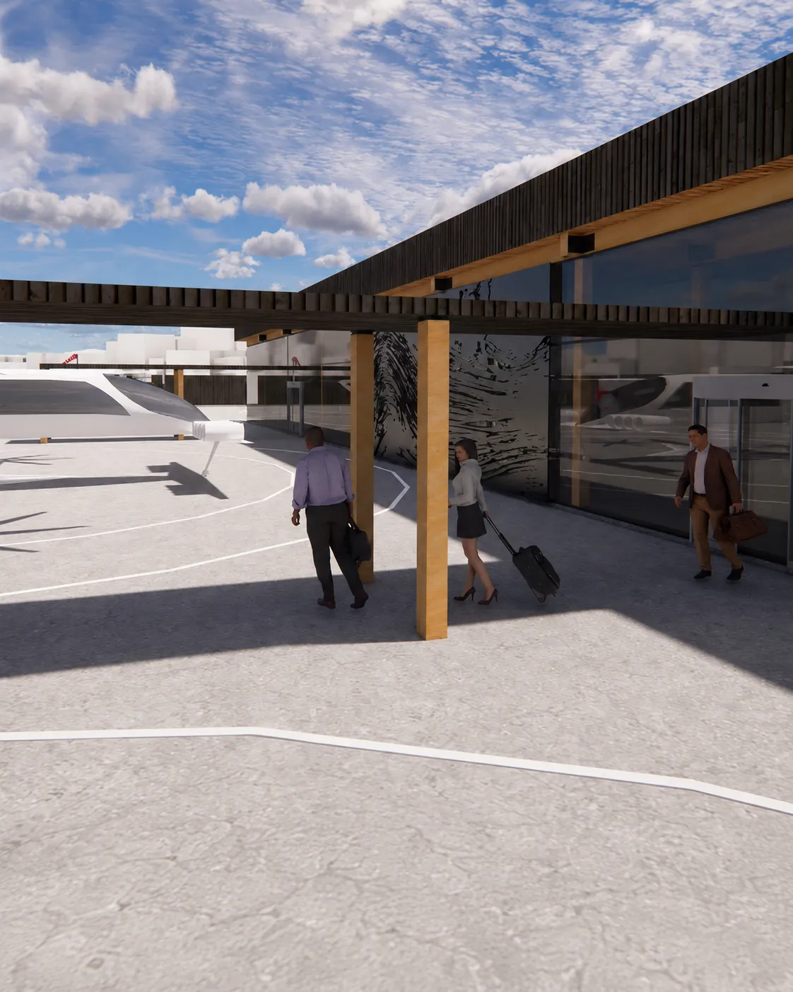 Travelers arriving inside an Aureum vertiport, architectural rendering.