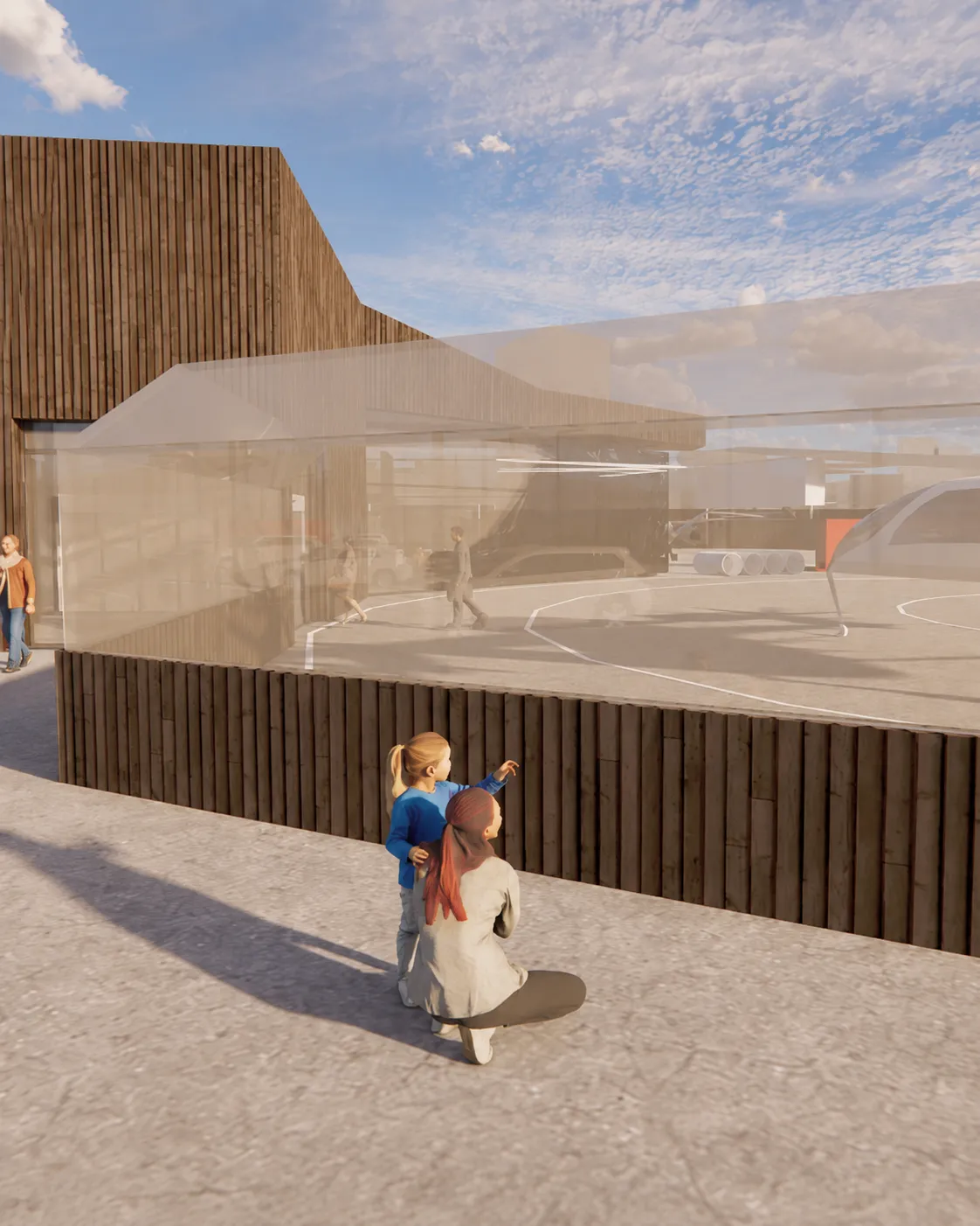 A parent and child watching aircraft from inside an Aureum hub, architectural rendering.