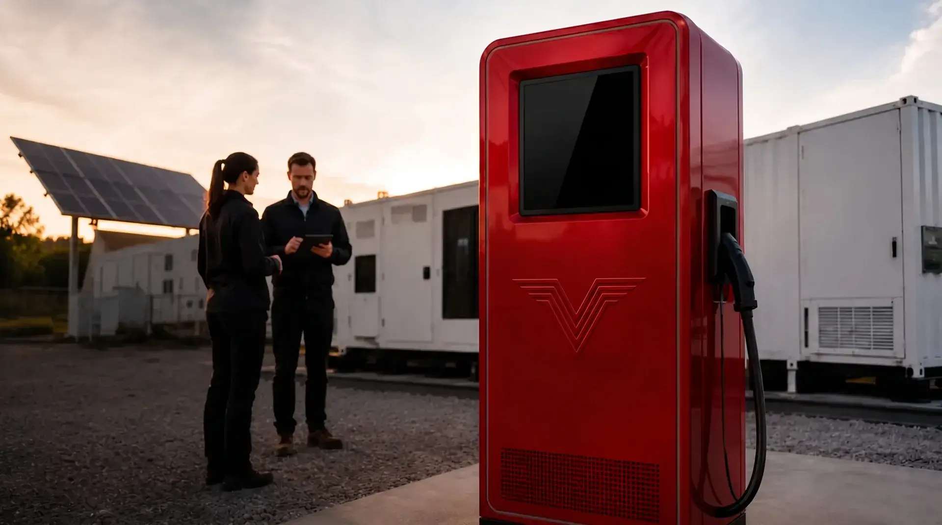 A Volatus Power fast-charging unit at a sunset deployment with solar panels and containerized energy storage behind it.