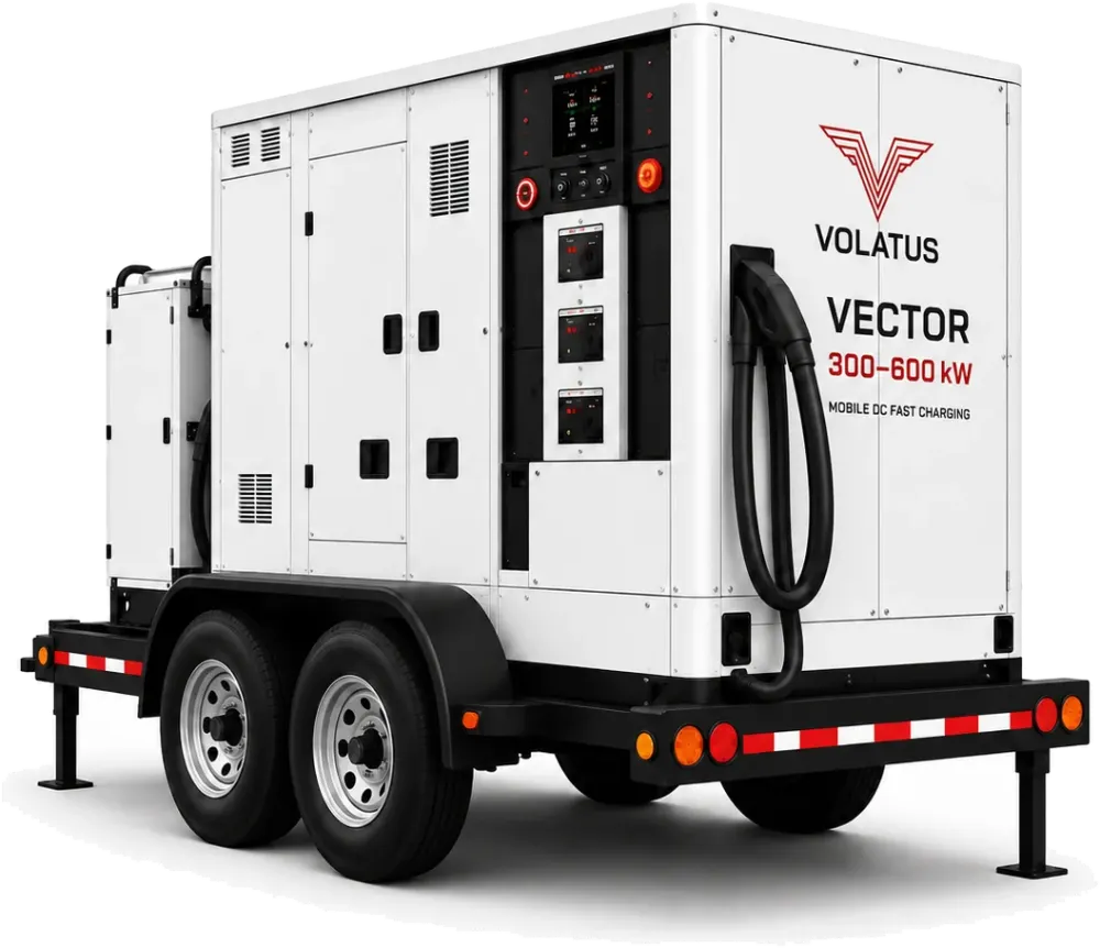 A Volatus Power mobile DC fast-charging trailer, a white two-axle unit with dual charging cables and a control screen.